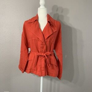 ZARA Basic Women's Orange Red Tie Front 100% Linen Jacket Blazer‎ Size Medium